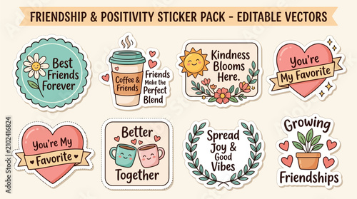 Friendship and positivity sticker pack with colorful badges and illustrations featuring quotes about friendship kindness love growth and happiness for decorating messages