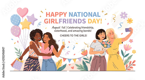 Colorful flat vector illustration of four diverse happy female friends celebrating friendship with balloons flowers with four cheerful women celebrating together balloons