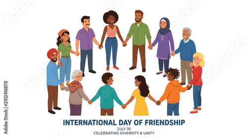 Celebration of diversity and unity with a multicultural group holding hands in a circular formation for international day of friendship with hands circle symbolizing