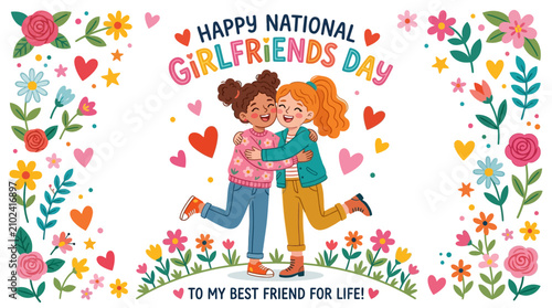 Celebrating national girlfriends day with joyful friends embracing surrounded by colorful flowers and hearts in a vibrant cheerful illustration