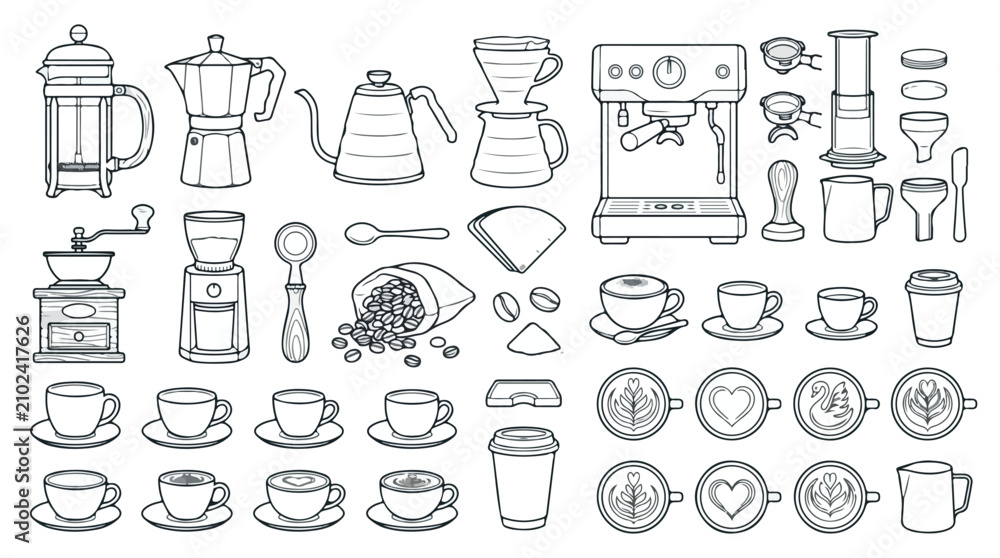 Fototapeta premium Minimalist coffee brewing equipment icons, professional barista tools and espresso machine set, black and white vector line art collection