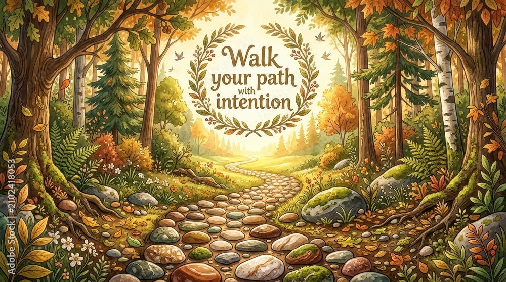 Obraz premium Enchanting autumn forest path with inspirational quote 