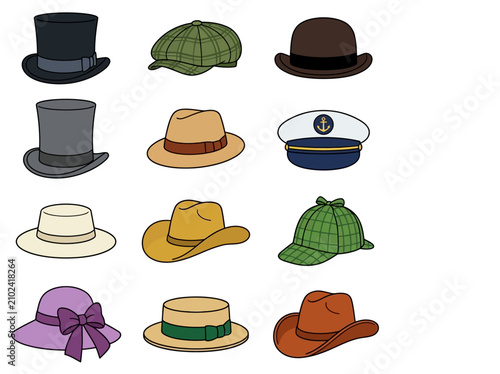 Set of diverse classic hat icons and headwear styles