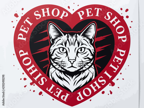 Pet Shop Logo with Cat Portrait in Red Heart Frame