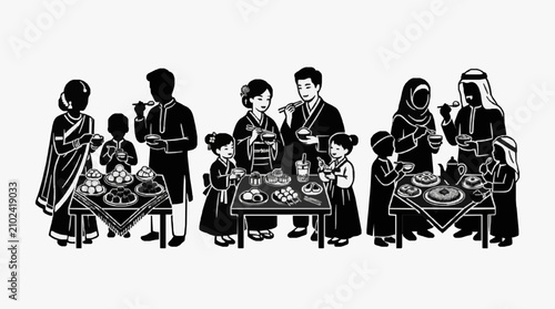 Traditional family gatherings illustrated in black and white.