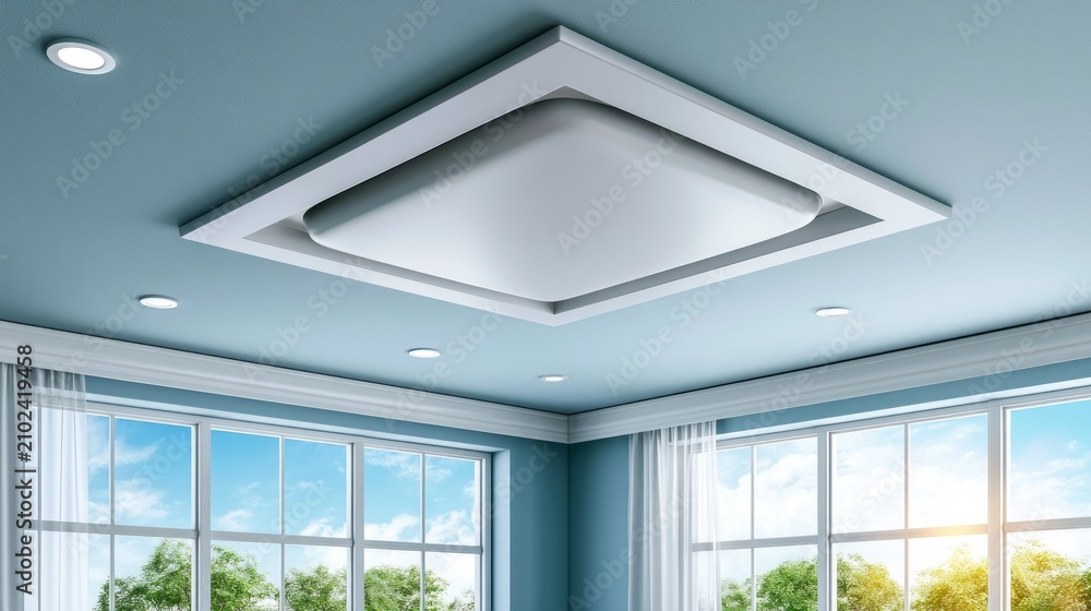 Fototapeta premium Modern Concealed Gypsum Ceiling Panel with Access Feature in Bright Room and Large Windows