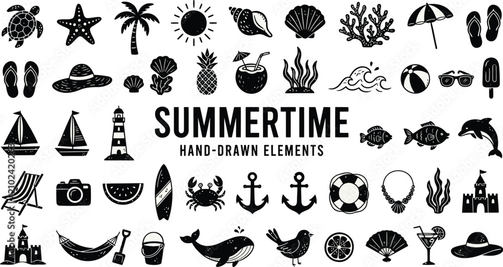 Obraz premium Summertime icons feature a collection of hand-drawn illustrations representing beach activities, marine life, and tropical vacation themes.
