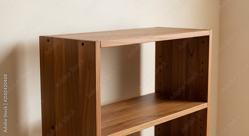 Fototapeta premium Brown wooden shelving unit against wall.
