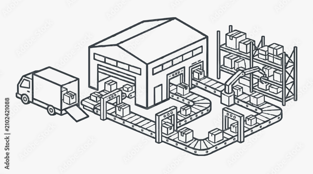 Obraz premium Industrial Black and White Line Drawing of Modern Warehouse with Conveyor Belt Forklift Delivery Truck and Storage Racks