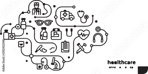 Minimalist black and white healthcare icon set featuring medical network connections with doctor, ambulance, medicine, and syringe icons