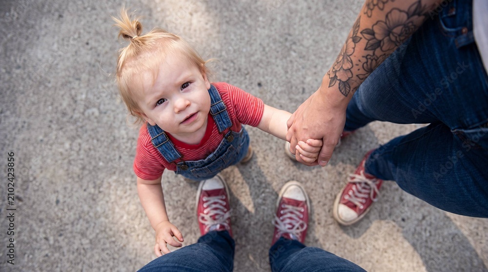 Naklejka premium Overhead view of toddler holding hands with two tattooed parents outdoors