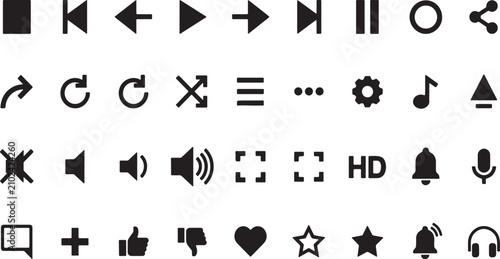 Set of Minimalist Vector Media Player Interface Icons for Digital User Experience Design and Application Control Navigation Systems