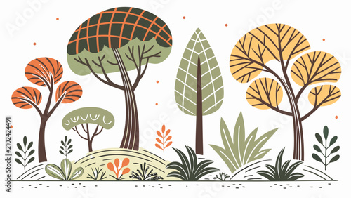 Set of abstract vector trees and forest plants in flat geometric style