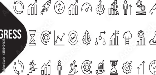 Minimalist vector icons set for business growth progress featuring charts arrows gears and professional development symbols on white background