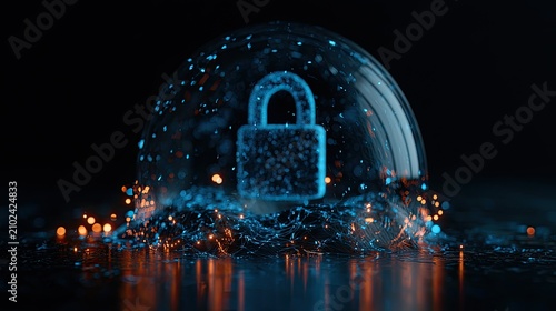 Illuminated padlock encased in protective bubble, with glowing particles