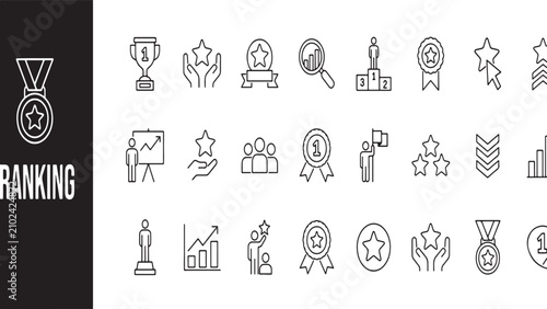 High-level collection of ranking and success linear icons featuring trophies, medals, stars, and podiums for business achievement metrics