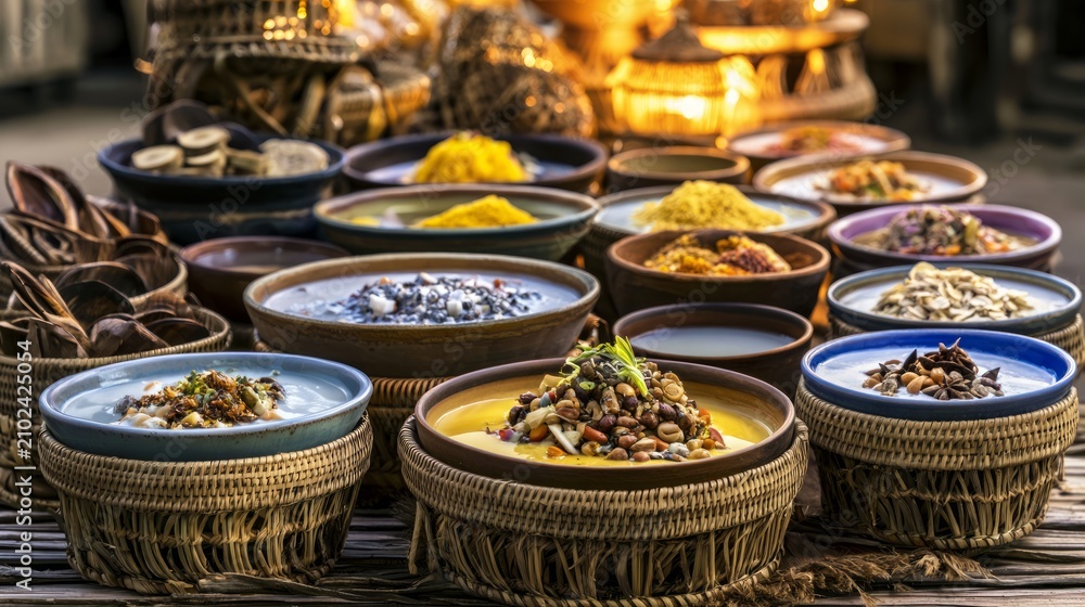 Fototapeta premium Beautifully Arranged Traditional Breakfast with Colorful Ingredients and Decorative Bowls