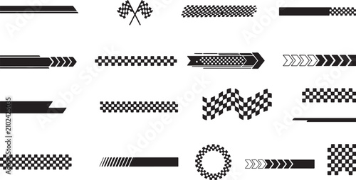 Collection of black and white racing checkered flag banners, borders, and decorative speed ribbons for sports and automotive design