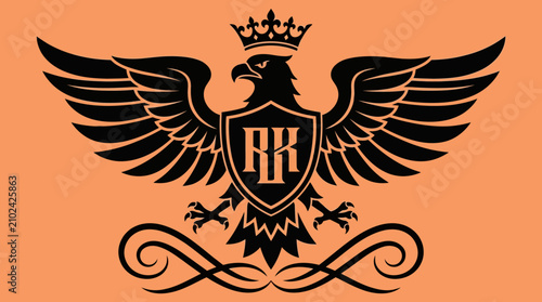 Konstfotografi Heraldic Eagle Crest Logo with Crown and Shield on Orange Background