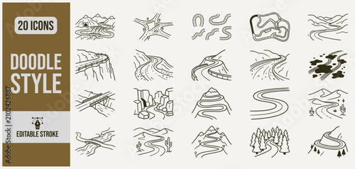 Konstfotografi Collection of hand drawn winding road icons in doodle style during daytime isola