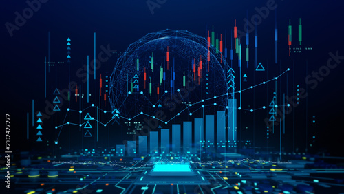 Stock market investment trading graph, Global network line wire frame data business concept, 3D rendering