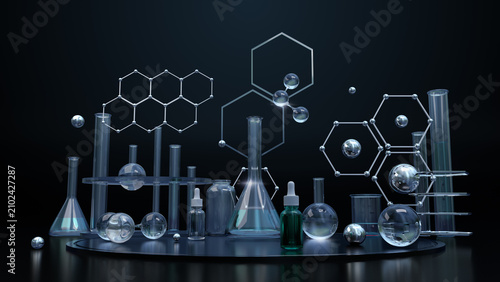 Chemical laboratory glassware equipment on dark background, 3D rendering