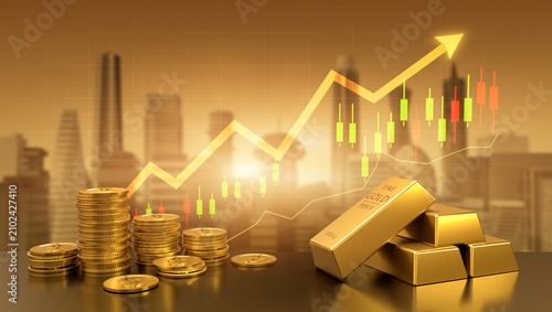 Gold bars financial growth chart with upward arrow background, Global investment market concept, 3D rendering