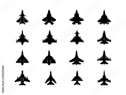 Fotografía Aircraft Icons Solid style, collection of modern fighter jets, military aircraft, and aviation silhouettes, ideal for defense, aerospace, transportation, and aviation designs