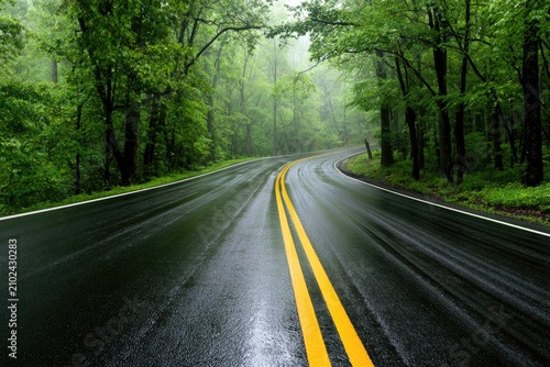 Wet asphalt road curves through lush green forest on a misty day