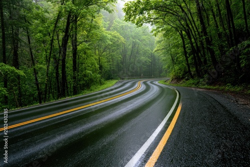Winding, wet asphalt road through lush, green, misty forest