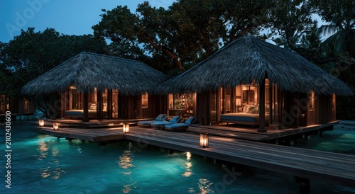 Tropical thatched-roof bungalows over turquoise water at dusk, illuminated by lanterns