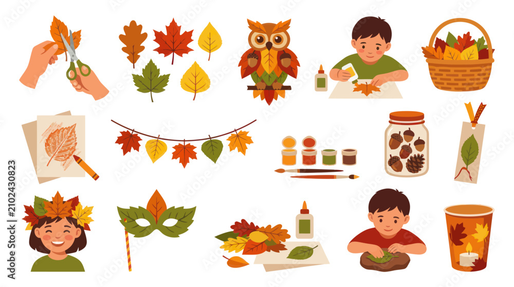 Obraz premium Flat Vector Illustration of Autumn Crafts and Fall Activities for Kids: Education and DIY Project Ideas with Colorful Leaves