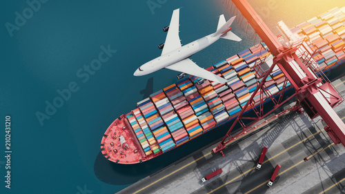 Cargo Ship and Airplane at Global Logistics Port