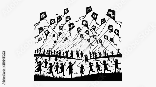 Fotografie Silhouettes of people flying colorful kites in the sky.