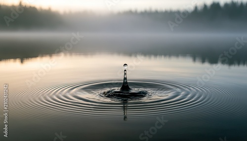 Single water drop falls into calm lake creating ripples at sunrise