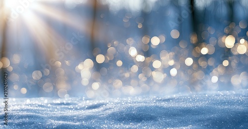 Winter wonderland with glowing sunbeams and bokeh lights on snow