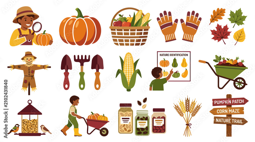Obraz premium Autumn harvest vector set with farmer, pumpkin, corn, scarecrow, and gardening tools