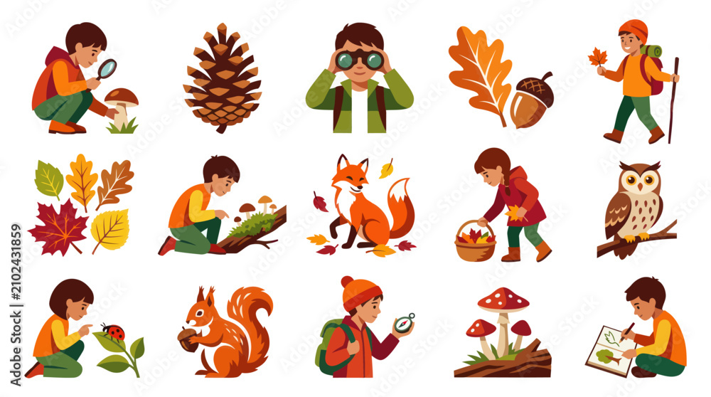 Fototapeta premium Autumn Nature Study: Kids Exploring Forest with Magnifying Glass, Animals, and Plants