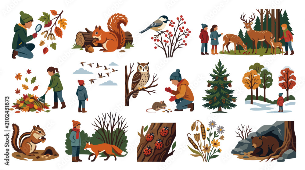 Fototapeta premium Flat Vector Illustration Collection: Seasonal Nature Scenes with Wildlife, Children Activities in Autumn, Winter, Spring.