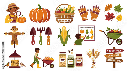 Autumn harvest vector set with farmer, pumpkin, corn, scarecrow, and gardening tools