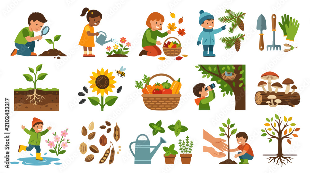 Fototapeta premium Flat Vector Illustrations: Children Exploring Nature, Gardening Seasons. Kids, Plants, Seeds, Tools Activities.
