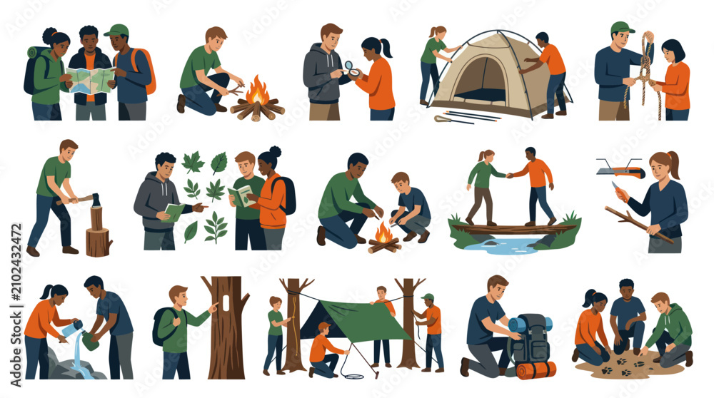 Fototapeta premium Camping and Hiking Activities Vector Illustrations - People Enjoying Outdoors