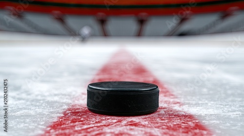 A hockey puck rests on the ice at the center red line of an arena