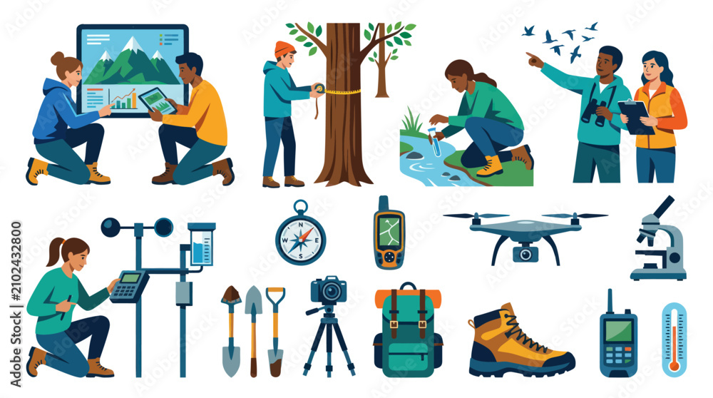 Fototapeta premium Environmental Science Field Research with Scientists and Ecological Tools - Flat Illustration
