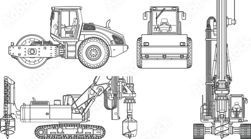 Obraz na płótnie Construction drilling machines and road rollers set