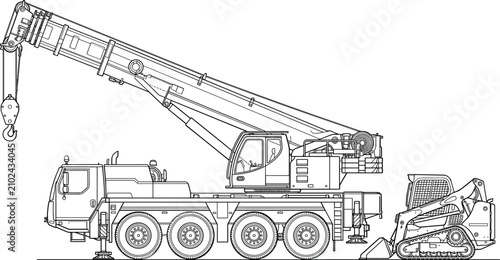 Fotografie Heavy construction crane and skid steer loader outline set isolated on white bac