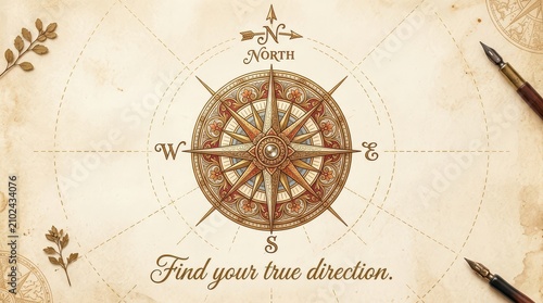 Vintage compass rose on old paper background with calligraphy, representing navigation, adventure, and finding direction