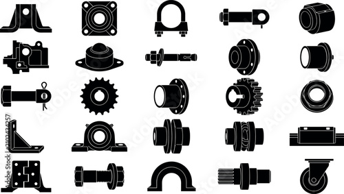 Schilderij op canvas Technical mechanical components and industrial hardware elements collection in f
