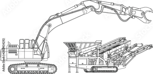 Quadro su tela Crawler excavator and stone crushing equipment for mining and construction site