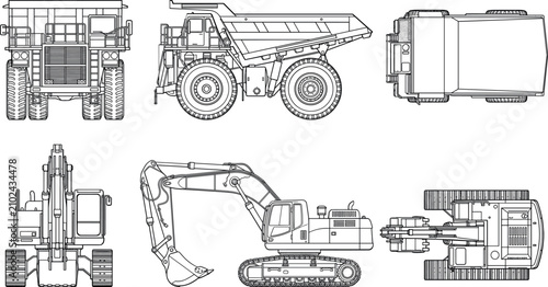 Slika na platnu Heavy dump truck and crawler excavator in multiple orthographic views for techni